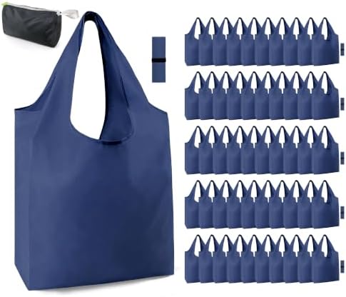 BeeGreen Navy Blue Reusable Grocery Bags Wholesale Reusable Kitchen Bags Bulk Foldable-Machine Washable with Zipper Storage Pouch 50 Packs by BeeGreen