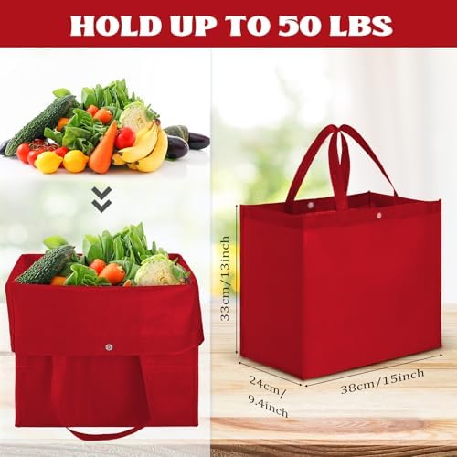 Zhehao 60 Pcs Reusable Grocery Bags Bulk Large Foldable Shopping Tote Bags Non Woven with Handle and Plastic Button(Red) - Image 3