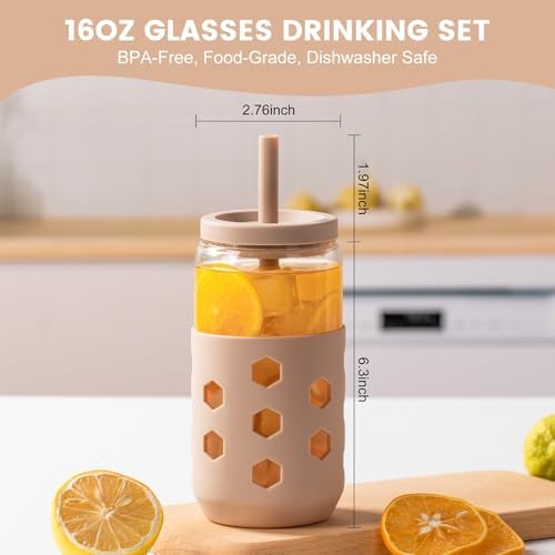 Mrsdry 16 oz Glass Cups with Lids and Straws for Gift, 4-Pack, Apricot - Image 5