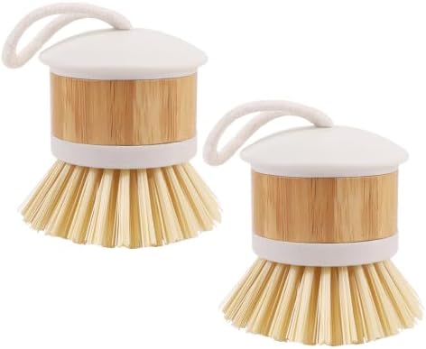 2 Pack Bamboo Handle Dish Brushes, Kitchen Scrub Brush with PET Bristles and Hanging Hole for Pots, Pans and Dishes by YOLCAR