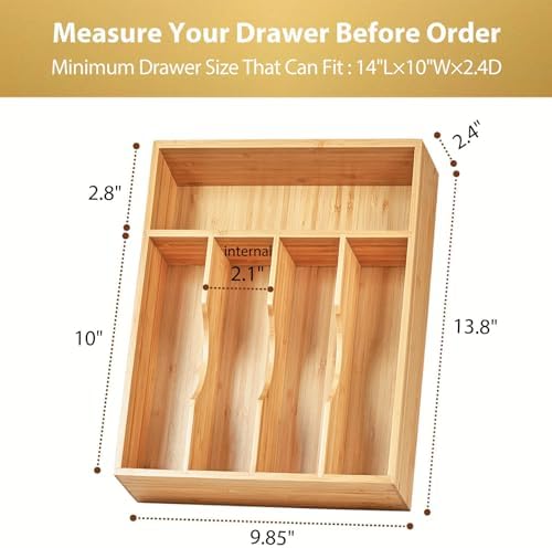 Umilife Kitchen Drawer Organizer, 10 Inch Silverware Utensil Tray Holder, Extra Deep, with Non-Slip Feet & Grooved Drawer Divider, 5 Slots Total Bamboo Wood Caddy for Flatware Cutlery Knives - Image 5