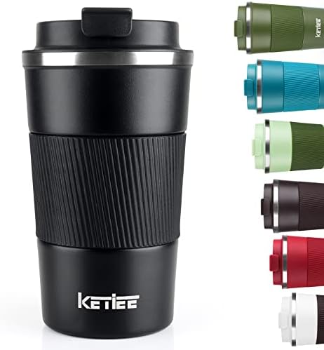 KETIEE Travel Mug 12oz, Vacuum Insulated Coffee Mug with Leakproof Lid, Travel Coffee Tumbler Stainless Steel Double Walled Reusable Coffee Cup for Hot and Iced Water (Black) by KETIEE