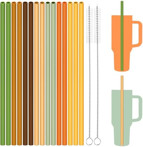 Tomorotec 15-Pack 12.2" Reusable Silicone Drinking Straws for Stanley Tumblers 20oz, 30oz, 40oz with 2 Cleaning Brushes, BPA-Free Food-Grade Flexible Straws for Fall Autumn Thanksgiving Use (Garden) by Tomorotec