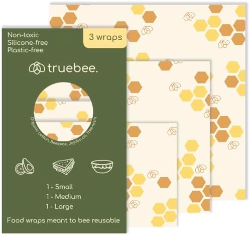 Truebee Reusable Beeswax Food Wraps 3-Pack – Non Toxic, Plastic Free, Silicone Free, Sustainable, Environmentally Friendly, Organic Cotton Beeswax Wraps (S, M, L), Signature Design by Truebee