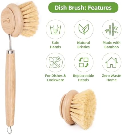 Bamboo Scrub Brush with Handle - Soft Bristles Non Toxic Dish Brush Compostable & Biodegradable Bamboo Dish Scrubber for Cookware Bowls and Plates Non-Stick Pans - Image 6