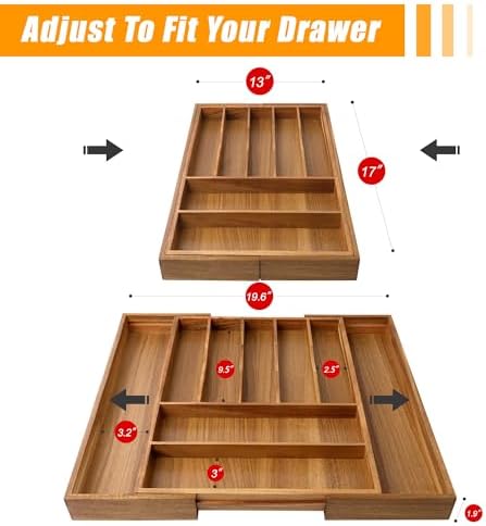 Bellsal Large Premium Acacia Wood Silverware Organizer - Expandable Utensil Drawer Organizer - 17"x19.6" Utensil Holder and Cutlery Tray with Grooved for Kitchen Flatware Utensils(7-9 Slot, Acacia) - Image 2