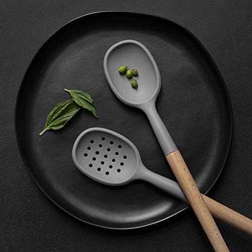 Country Kitchen Non Stick Silicone Utensil Set with Rounded Wood Handles for Cooking and Baking, 6 Piece Set, Gray - Image 7