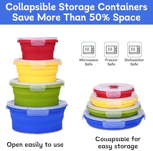 4 Collapsible Food Storage Containers, Silicone Food Storage Containers, Round Collapsible Bowls with lids, Microwave Freezer Dishwasher Safe (Colorful) - Image 3