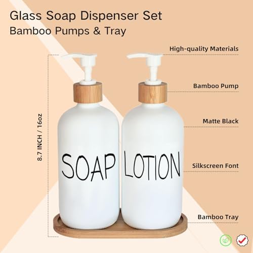 White Soap Dispenser Bathroom Set, Set with Glass Dispenser, Bamboo Pumps & Tray. Hand and Lotion Suitable for Farmhouse Decor - Image 2