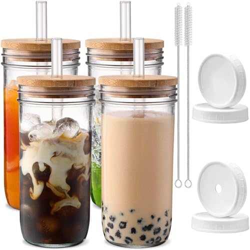 DWTS DANWEITESI Glass Cups with Lids and Straws,24 oz Smoothie Cup with Lid and Straw-Boba Mason Jar,Matcha Cup Wide Mouth Reusable Drinking Glasses,Iced Coffee Cups Glass,Vasos De Vidrio【4 Pack】 by DWTSDANWEITESI
