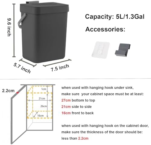LALASTAR Countertop Compost Bin with Lid, Hanging Small Trash Can with Lid Under Sink for Kitchen, Food Waste Bin for Countertop, Mountable Garbage Can for Bathroom, RV, 5L/1.3 Gal, Black - Image 6