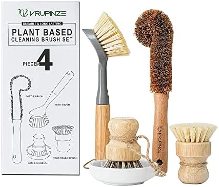 Natural Bamboo Dish Brush Bottle Scrub Brush 4-Piece Set, with Ceramic Soap Dispenser - Wooden Washing Up Brushes with Sturdy Handles for Cleaning Dishes, Pots, Pans, Gift Kit by VRUPINZE