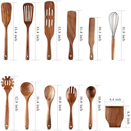 Kitchen Utensils Set, NAYAHOSE 12 Pcs Teak Wooden Cooking Spoons Spatula Spurtles Kit with Spoon Rest Whisk, Non-stick Natural Kitchen Tools - Image 2