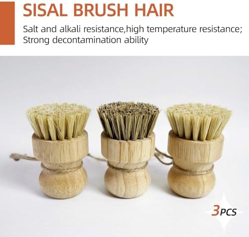 Bamboo Pot & Pan Cleaning Brush Set - 3 Pack Natural Dish Brushes Bamboo Scrub Dish Brushes, Durable Scrubber for Kitchen Pots, Pans, Vegetables & Fruit - Image 2