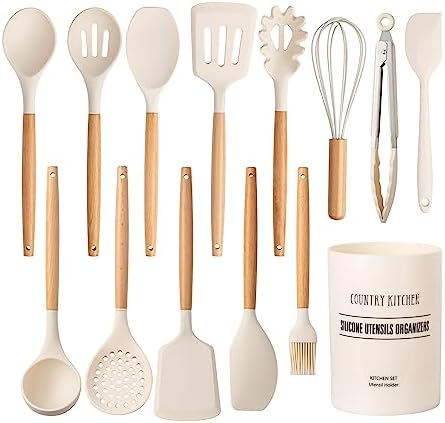 Country Kitchen Non Stick Silicone Utensil Set with Rounded Wood Handles for Cooking and Baking, 14 Piece Set, Khaki by CountryKitchen