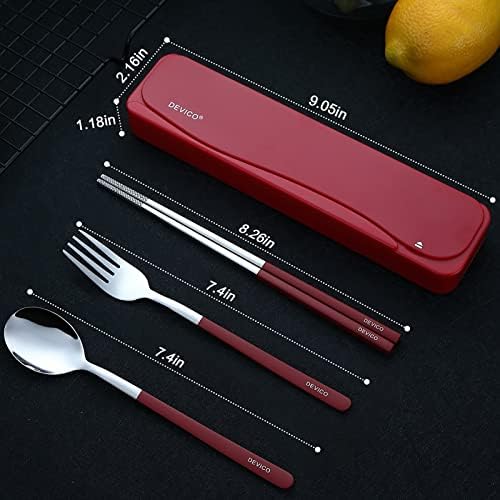 DEVICO Travel Utensils with Case, 4Pcs Portable Silverware Set for Work, 18/8 Stainless Steel Reusable Cutlery, Korean Spoon and Chopsticks Fork for Camping, School, Lunch Box Accessories (Red) - Image 3