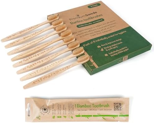 Bamboo Toothbrushes Soft Bristles Adult - 8 Pack Eco-Friendly Bamboo Toothbrushes Individually Wrapped - Sealed Soft Bristle Toothbrush - Biodegradable Natural Wooden Toothbrush by Premiumswede
