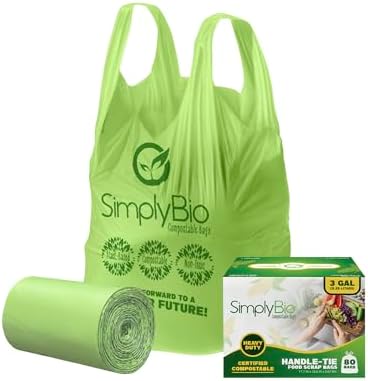Simply Bio 3 Gallon Compostable Trash Bags Liners with Handle-Tie, Thick 0.67 Mil, 11.36 Liter, 80 Bags, Small Kitchen Food Scrap Waste Bag, ASTM D6400, US BPI and OK Compost Home Certified by SimplyBio