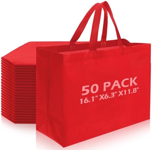 50 Pcs Reusable Tote Bag with Handles Bulk Extra Large Non Woven Grocery Shopping Bags for Boutiques Retail Store(Red) by Yoojahow