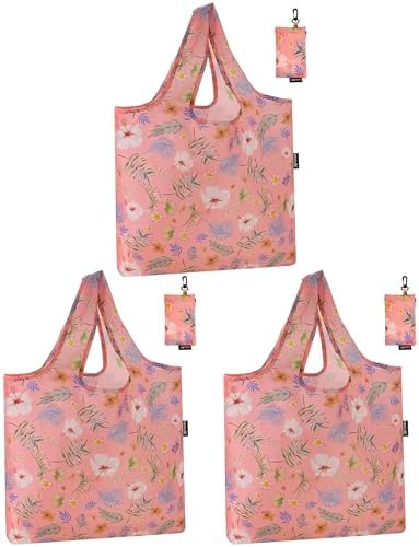HOLYLUCK Reusable Grocery Bags,Heavy Duty Foldable Shopping Tote Bag (Standard, Pink floral) by holyluck