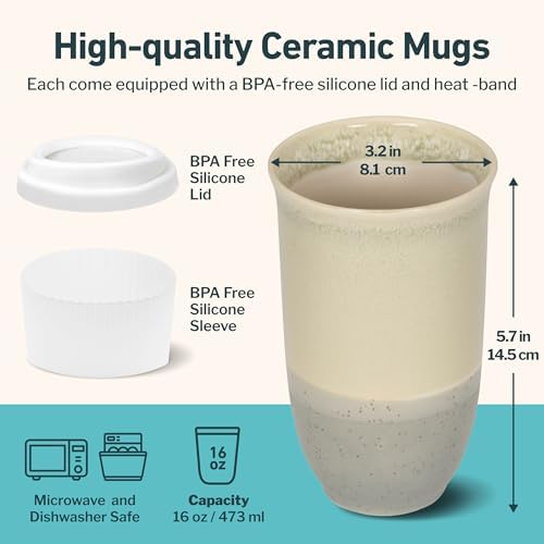 NOVA CERAMICS Travel Mug - Ceramic Coffee Mug With Lid – Microwave & Dishwasher Safe Coffee White & Grey Tumbler - Gifts For Women Men Him Her – 16oz – Mist - Image 3
