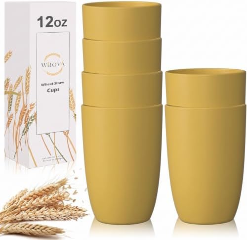 Wrova Wheat Straw Cups 6 PCS Good Alternative to Plastic Reusable Cups 12 oz Unbreakable Drinking Cup Reusable Dishwasher Safe Water Plastic Glasses Yellow by WROVA