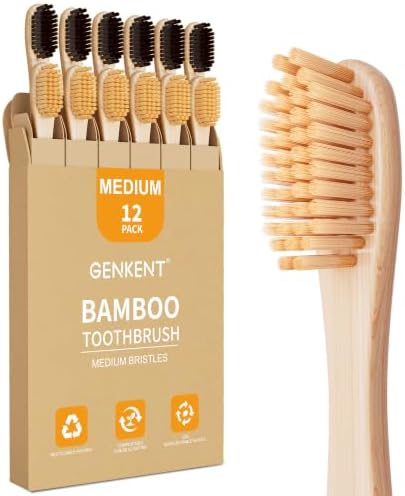 GENKENT Bamboo Toothbrushes Medium Bristle for Adults, 12 Pack, 0.2mm Bristles by GENKENT