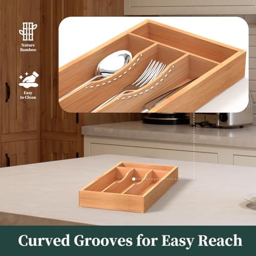 Small Silverware Organizer, Bamboo Kitchen Drawer Organizer, Utensil Holder, Cutlery Tray & Spoon Flatware Storage with Grooved Drawer Dividers (6.7''W x 12''D) - Image 4