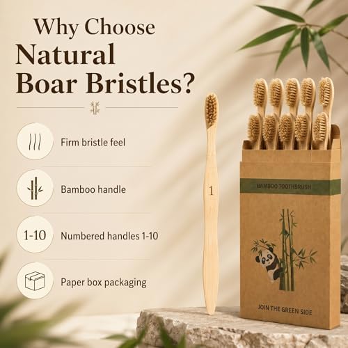 Boar Bristle Bamboo Toothbrush 10 Pack Plastic Free Numbered - Image 4