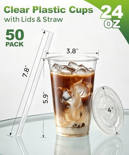 Ginkgo 50 Pack 24 oz Clear Plastic Cups with Lids and Straws - Image 2