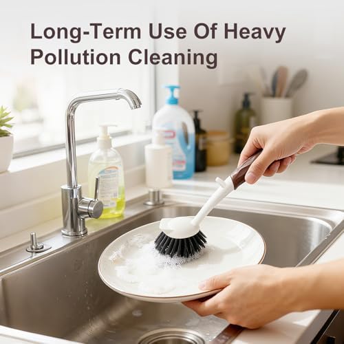 Dish Brush, 2 Pack with Comfortable Handle, with Built-in Scraper, Scrub Brush with Medium Firm bristles for Cleaning Dishes, Sink, Pots (Brown) - Image 4