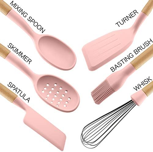 Country Kitchen Non Stick Silicone Utensil Set with Rounded Wood Handles for Cooking and Baking, 6 Piece Set, Pink - Image 2
