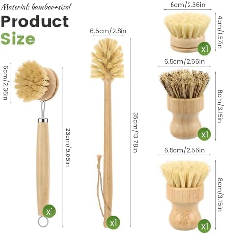 Bamboo Dish Brush Set, Natural Sisal Kitchen Scrubber for Plate Glass Bottle Frying Pan Reusable Wooden Washing up Brush with Replacement Head No Plastic 5 Pack - Image 2