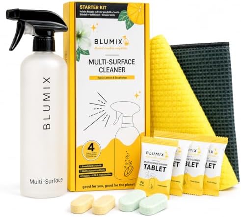 Multi-Surface Cleaner Refill Starter Set – 4 Count + Spray Bottle | Eco-Friendly, Biodegradable, Plastic-Free Cleaning Refills and Spray Bottle – All-Purpose (Spray Bottle Included) by Blumix