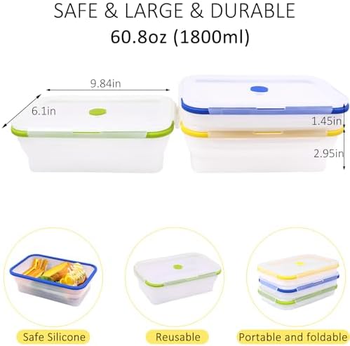 3 Pack Large Translucent Collapsible Silicone Food Storage Containers with Lids, 60.8oz Bento Lunch Boxes, for Kitchen, Office, Camping, Travel, BPA Free - Image 2