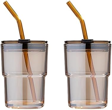 BLUEPOLAR 13oz/400ml Glass Tumbler Water Cup with Straw and Lid, Sealed Carry on for Coffee, Iced Tea, Thick Wall Insulated Amber 2-Pack by BLUEPOLAR