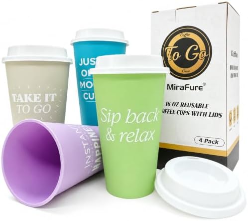 Plastic Reusable Coffee Cups with Lids, 4 Pack by MiraFureBrand