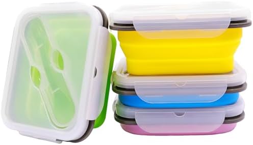 4 Pack Collapsible Silicone Bento Lunch Boxes With Lids Spoon Fork, 20.3oz, Meal Prep Food Storage Containers, Durable, Safe in Microwave, Dishwasher and Freezer, BPA Free by FUSMYE