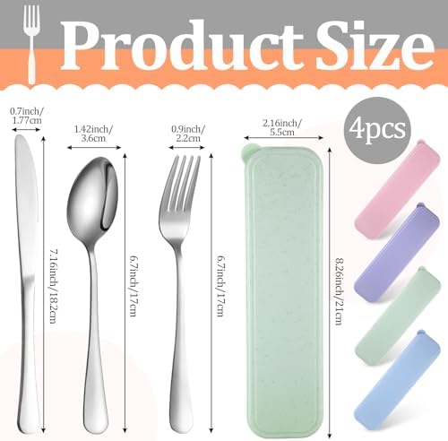 Yinkin 4 Pack Travel Silverware Set with Case for Lunch,Pastel - Image 2