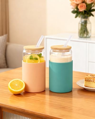 16 oz Glass Cups with Lids - 2 Pack Iced Coffee Cups with Silicone Sleeves - Image 3