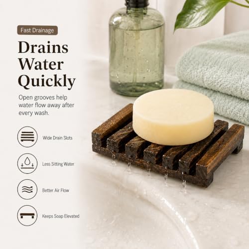Bamboo Soap Dish for Bar Soap, Raised Wooden Holder with Drain Slots，Carbonized Pine Wood Soap Box - Image 3