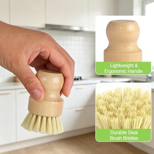 Bamboo Dish Brush Set with Holder, 2 Sisal & 1 Palm Scrub Brush - Image 3