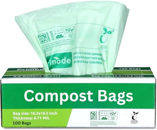Compost Bags, Compostable Trash Bags 2.6 Gallon Compostable Bags 100 Count Small Compost Bags for Countertop bin Extra Thick 0.71 Mil. ASTM D6400 Certified By BPI and TÜV AUSTRIA by Primode