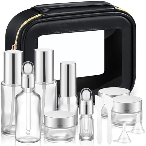 Jingmore 13 Pcs Glass Skincare Travel Containers Mini Makeup Containers Travel Size Toiletries Bottles with Pump Spray and PU Leather Toiletry Bag for Liquid Serum Cream Moisturizers Oils (Silver) by Jingmore