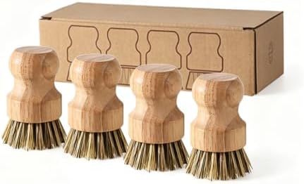 Natural Coconut Fiber Pot Scrubber Brushes,Rubberwood Handle for Cleaning (4) by MayFancy