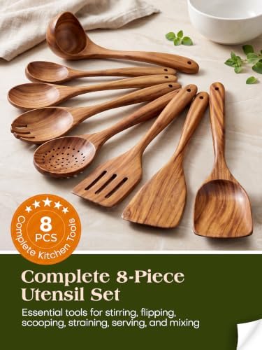 AIUHI Teak Wood 8-Piece Wooden Kitchen Utensils Set, Wooden Spoons for Cooking, Smooth Wood Spatula Set for Nonstick Cookware, Daily Cooking, Housewarming Gift - Image 5