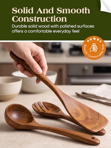 AIUHI Wood Utensils Set for Cooking, Teak Wooden Utensils Set Wood Spatula for Nonstick Cookware Kitchen Utensils Set 5 - Image 5
