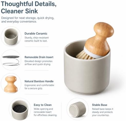 ONEMORE Bamboo Dish Brush with Ceramic Foaming Base, Kitchen Sink Scrub Brush Set with Spring and Mesh Insert, Wooden Handle Dishwashing Brush for Pots Pans Plates Bowls, Gray - Image 7