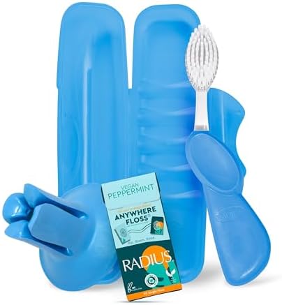 RADIUS Vacation Pastel Bundle, Includes Right Handed Big Brush with Replaceable Head, Toothbrush Travel Case, DOC Toothbrush Holder, Anywhere Travel Floss Packette, Periwinkle Blue, 4 Piece Bundle by RADIUSCorporation