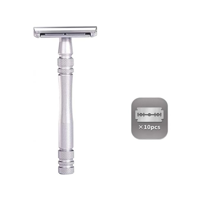 Men's and Women's Manual Razor Safety Razor with 10 Double Edge Blades, Double Edge Razor, Eco-Friendly, Smooth Close Shave, Plastic-Free, Easy to Carry for Traveling at Home (Silver)